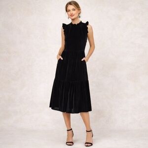 J. Crew Black Ruffle Tiered Midi Velor Dress SZ 2